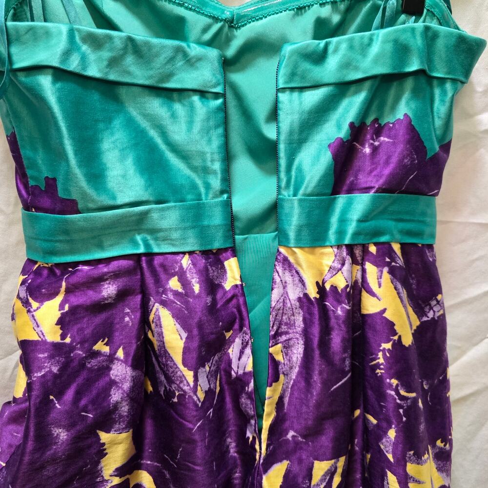 BCBGMaxazria Ultraviolet Strapless Tiered satin mini dress 6 green purple - Picture 9 of 13